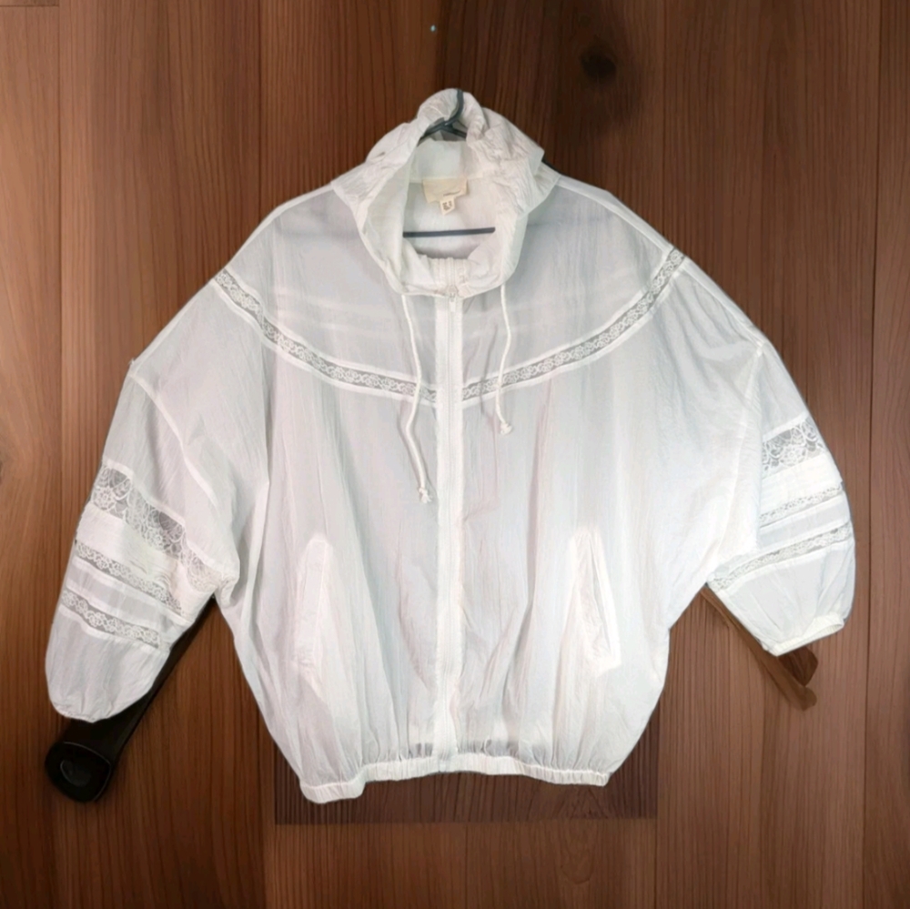 Womens M/L White Jacket Nylon Lace Hood Zipper Pockets The Korner Windbreaker